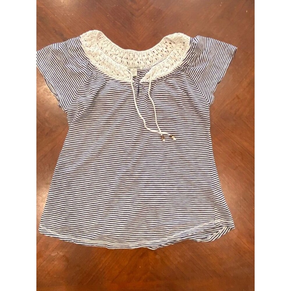 Lucky Brand knotted 100% Cotton T Shirt Tassle Tie Striped M